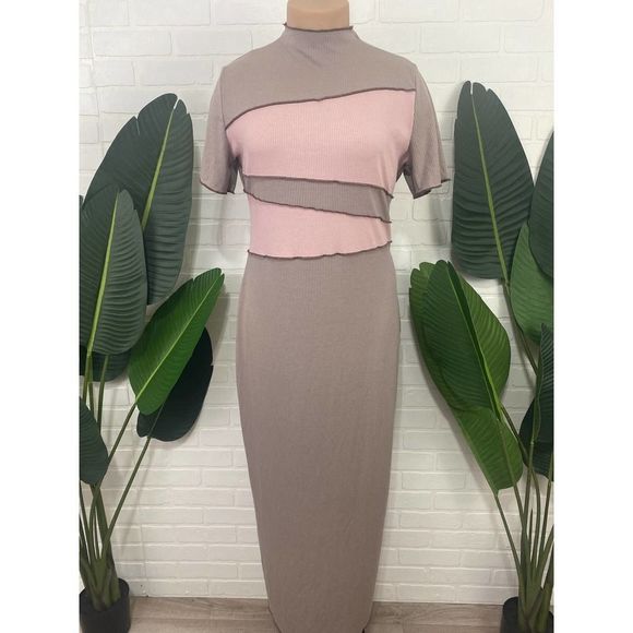 Bump Biddy Plus size maternity karla color block bodycon brown pink maxi dress - Picture 4 of 9